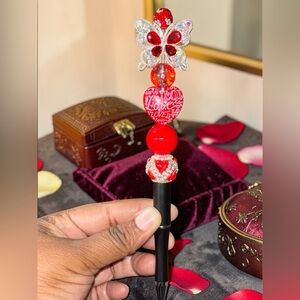 Handcrafted Fancy Red Butterfly Heart & Beaded Pen